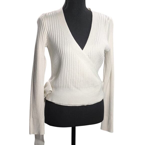 BTFBM Wrap V-Neck Cropped Sweater White Ribbed Knit Long Sleeve Women’s L - Picture 2 of 16